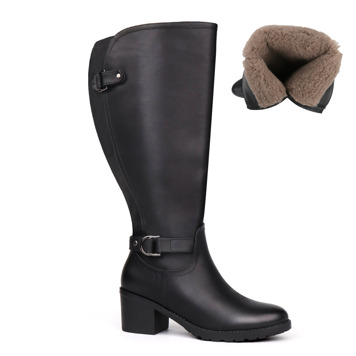 Extra Wide Calf Wool Lined Block Heel Riding Boots (Hindy)