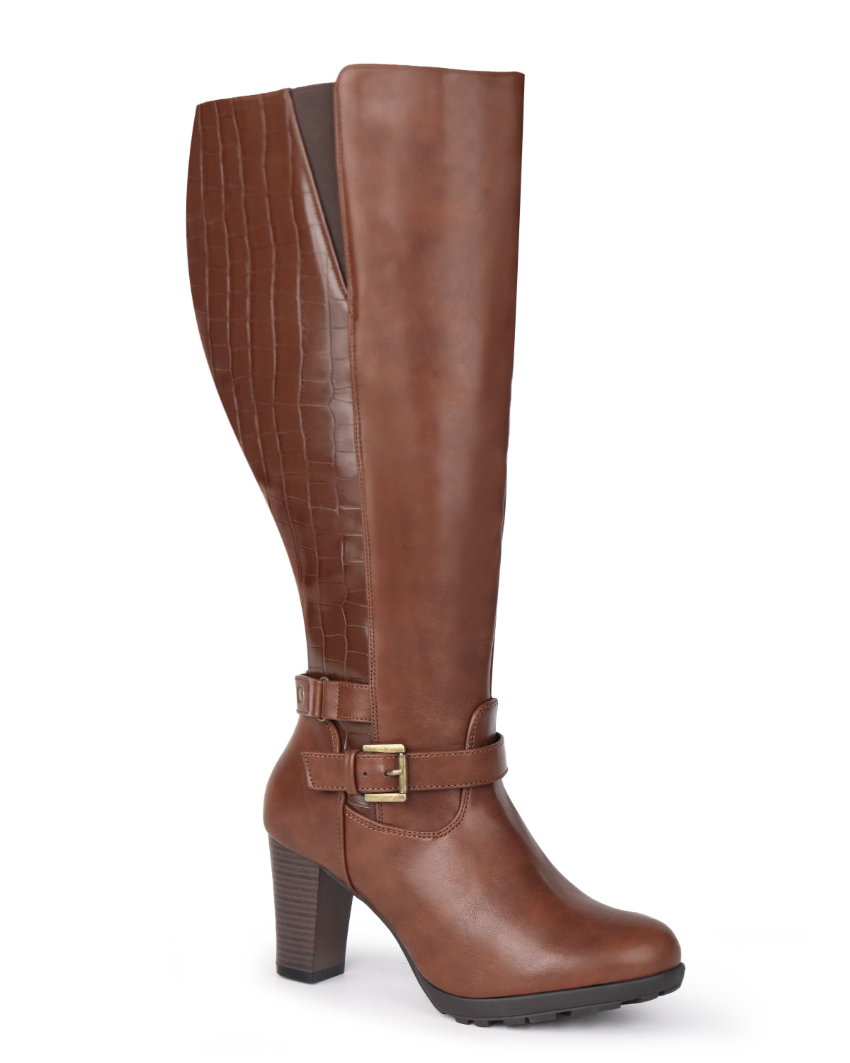 High Heel Boots 83 BROWN PU- Wide Calf with Ankle Strap