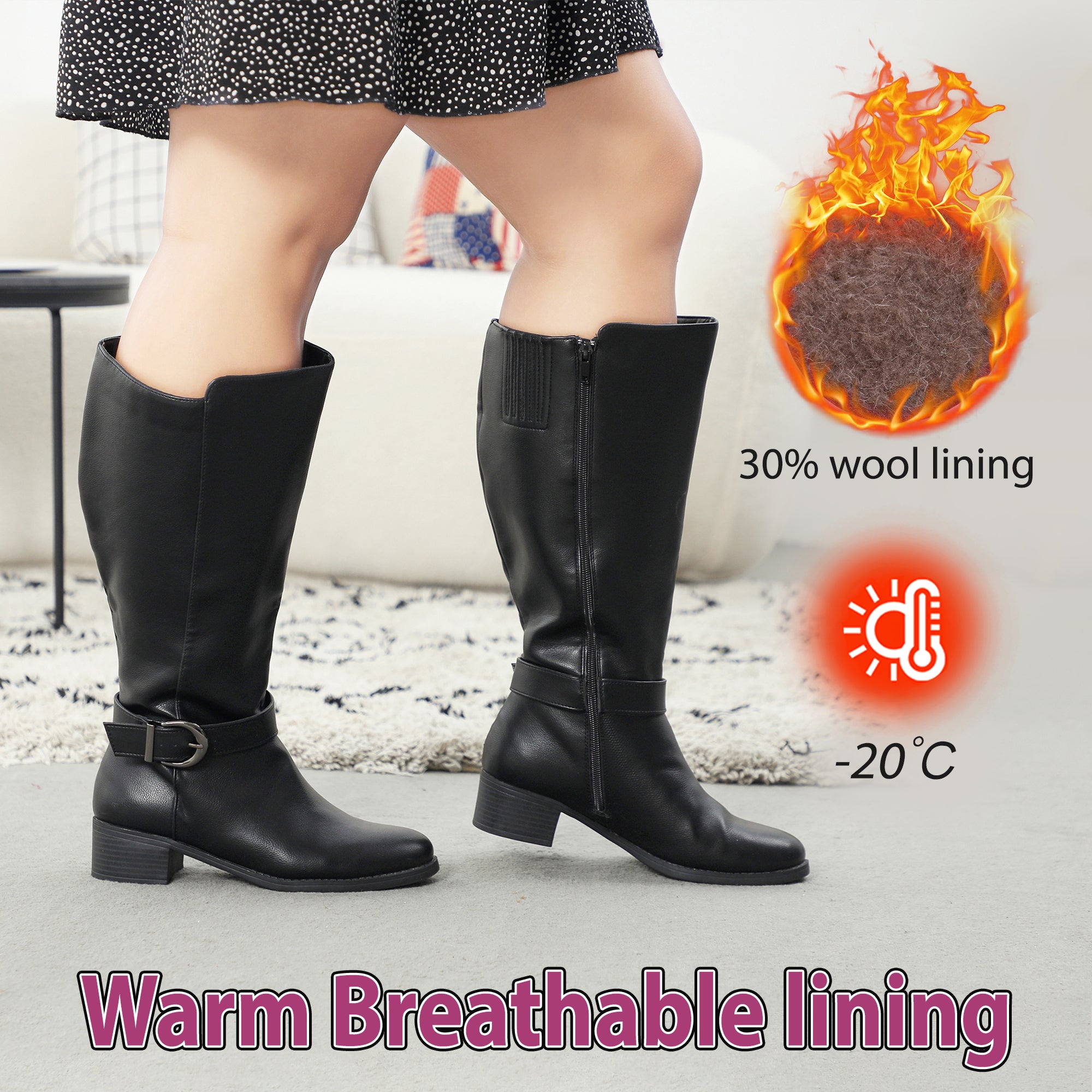 Extra Wide Calf Wool Lined Ankle Buckle Boots (Johanna)