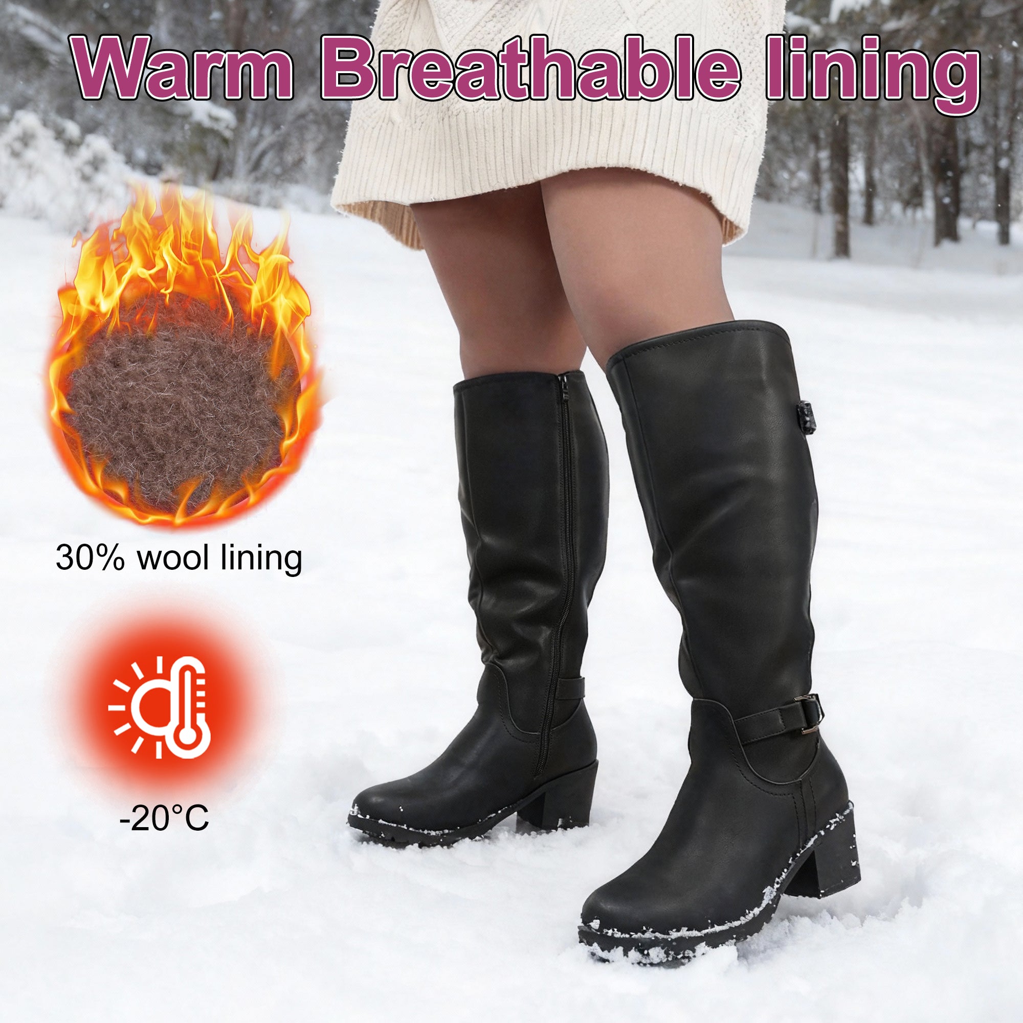 Extra Wide Calf Wool Lined Block Heel Riding Boots (Hindy)