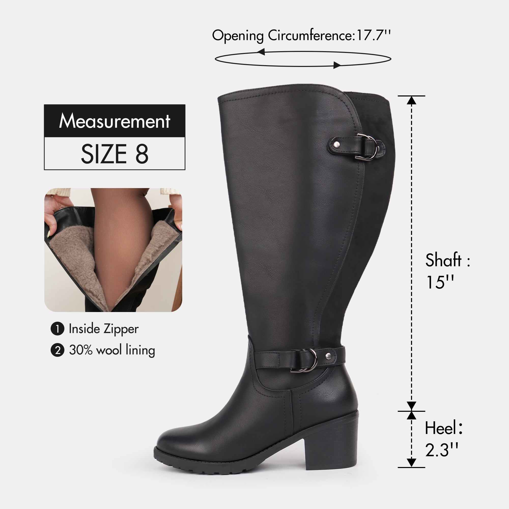 Extra Wide Calf Wool Lined Block Heel Riding Boots (Hindy)