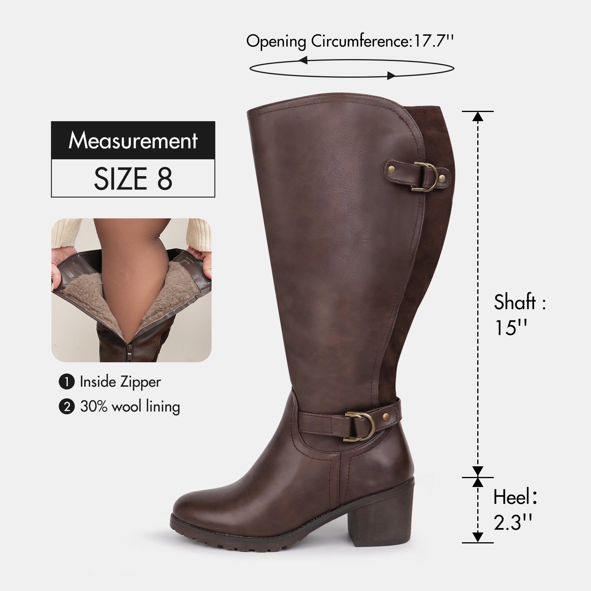 Extra Wide Calf Wool Lined Block Heel Riding Boots (Hindy)