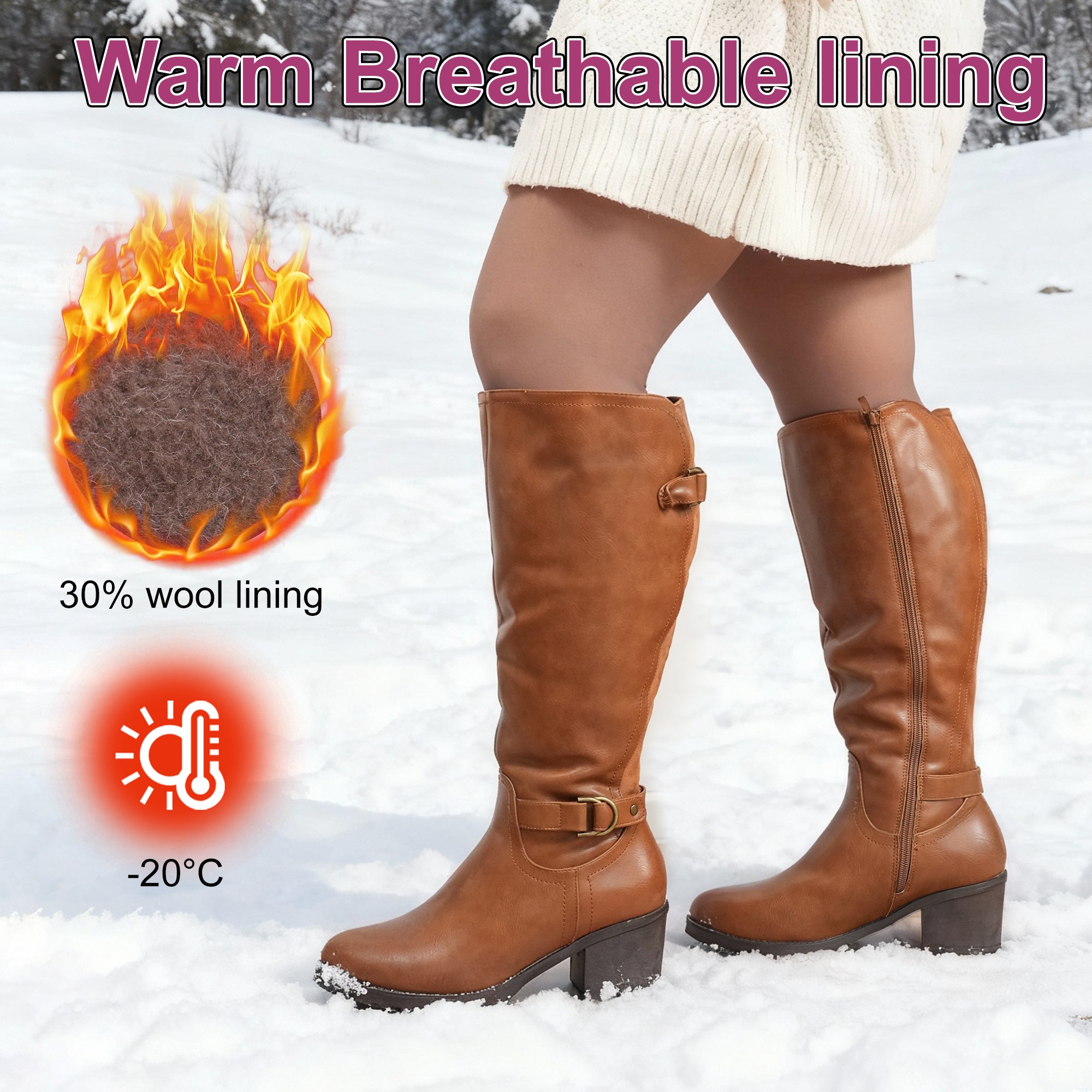 Extra Wide Calf Wool Lined Block Heel Riding Boots (Hindy)