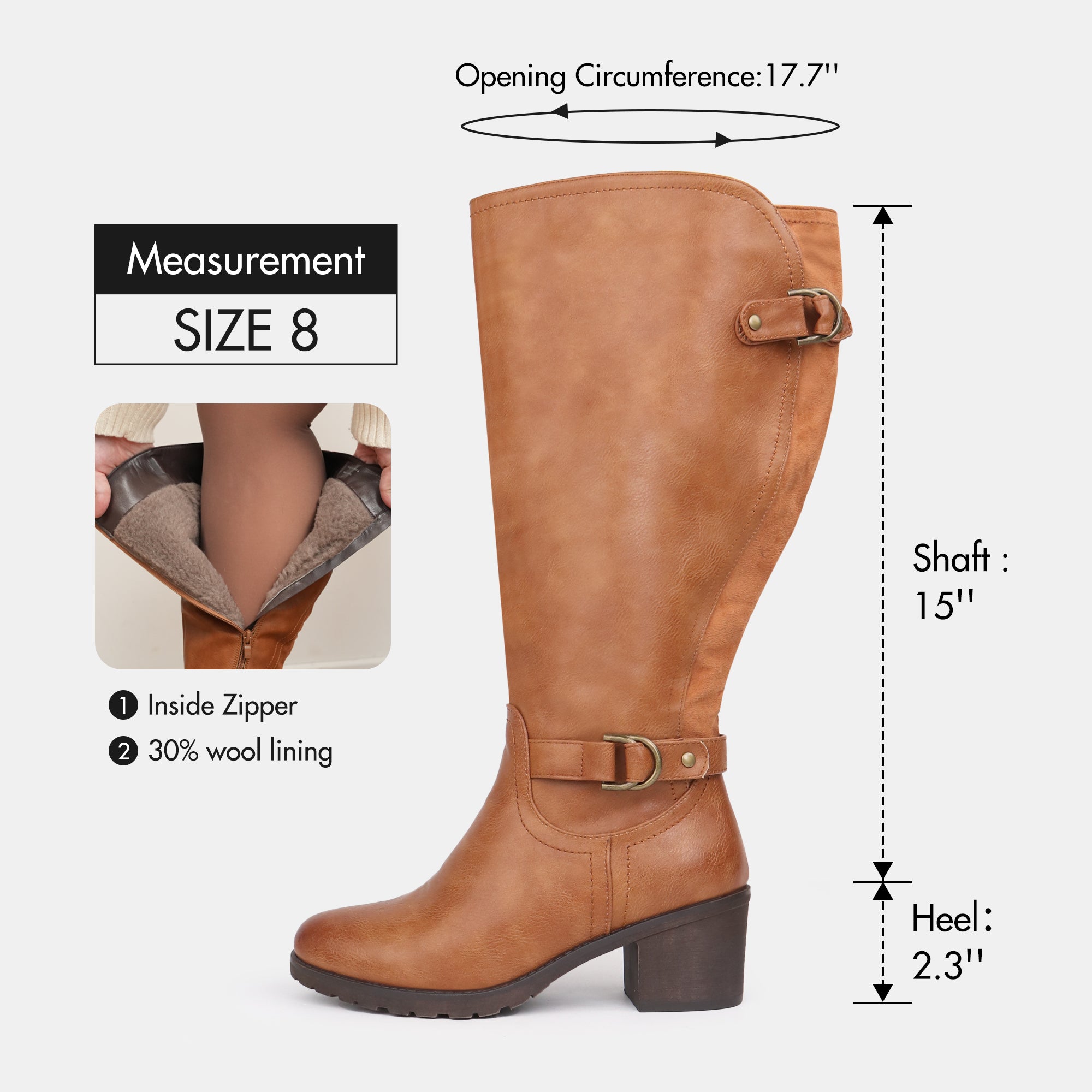 Extra Wide Calf Wool Lined Block Heel Riding Boots (Hindy)
