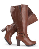 High Heel Boots 83 BROWN PU- Wide Calf with Ankle Strap