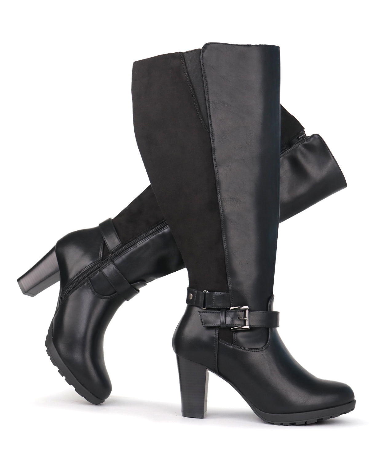 High Heel Boots 83 BLACK SUEDE- Wide Calf with Ankle Strap