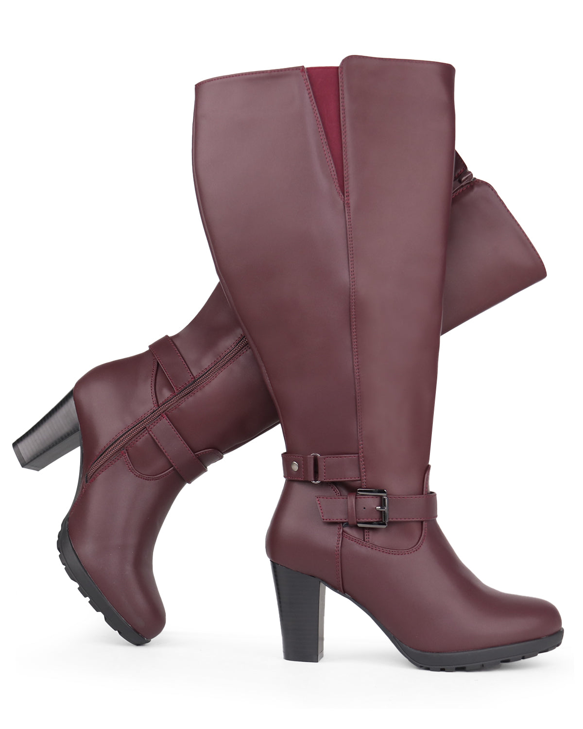 High Heel Boots 83 BURGUNDY - Wide Calf with Ankle Strap