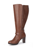 High Heel Boots 83 BROWN PU- Wide Calf with Ankle Strap